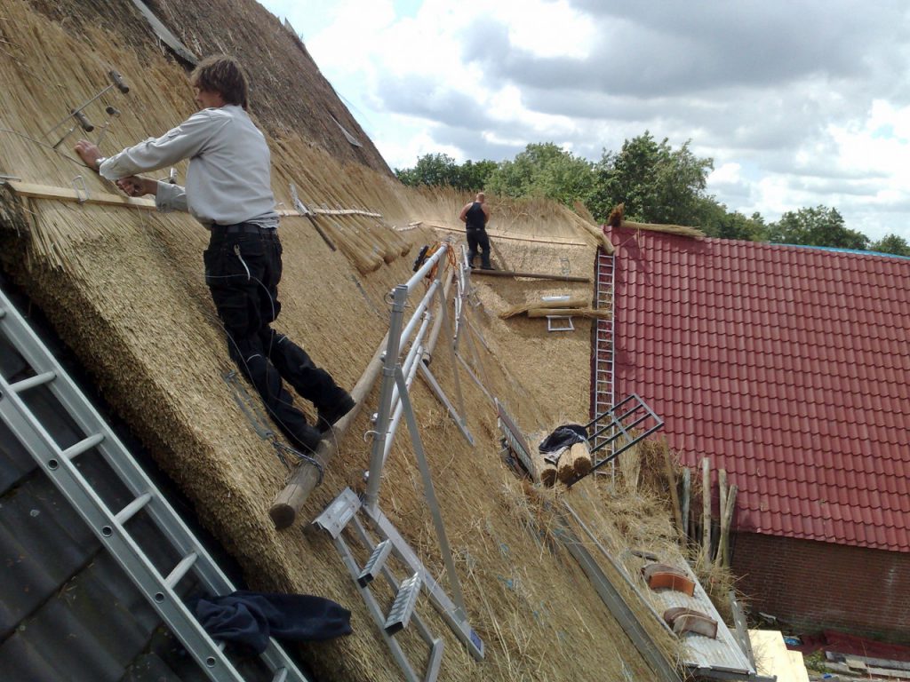 Professionele rietdekker aan her werk